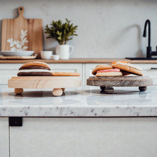 Round Wooden Pedestal Tray – Rustic or Natural Paulownia Wood Display Stand