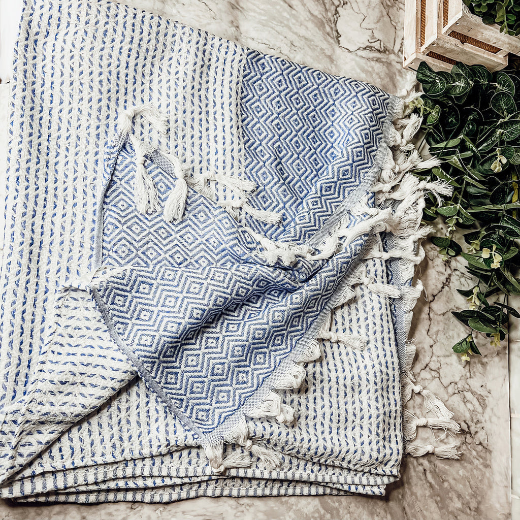 Azra Turkish Cotton Towel – Blue or Gray Woven Design (200 GSM, 40