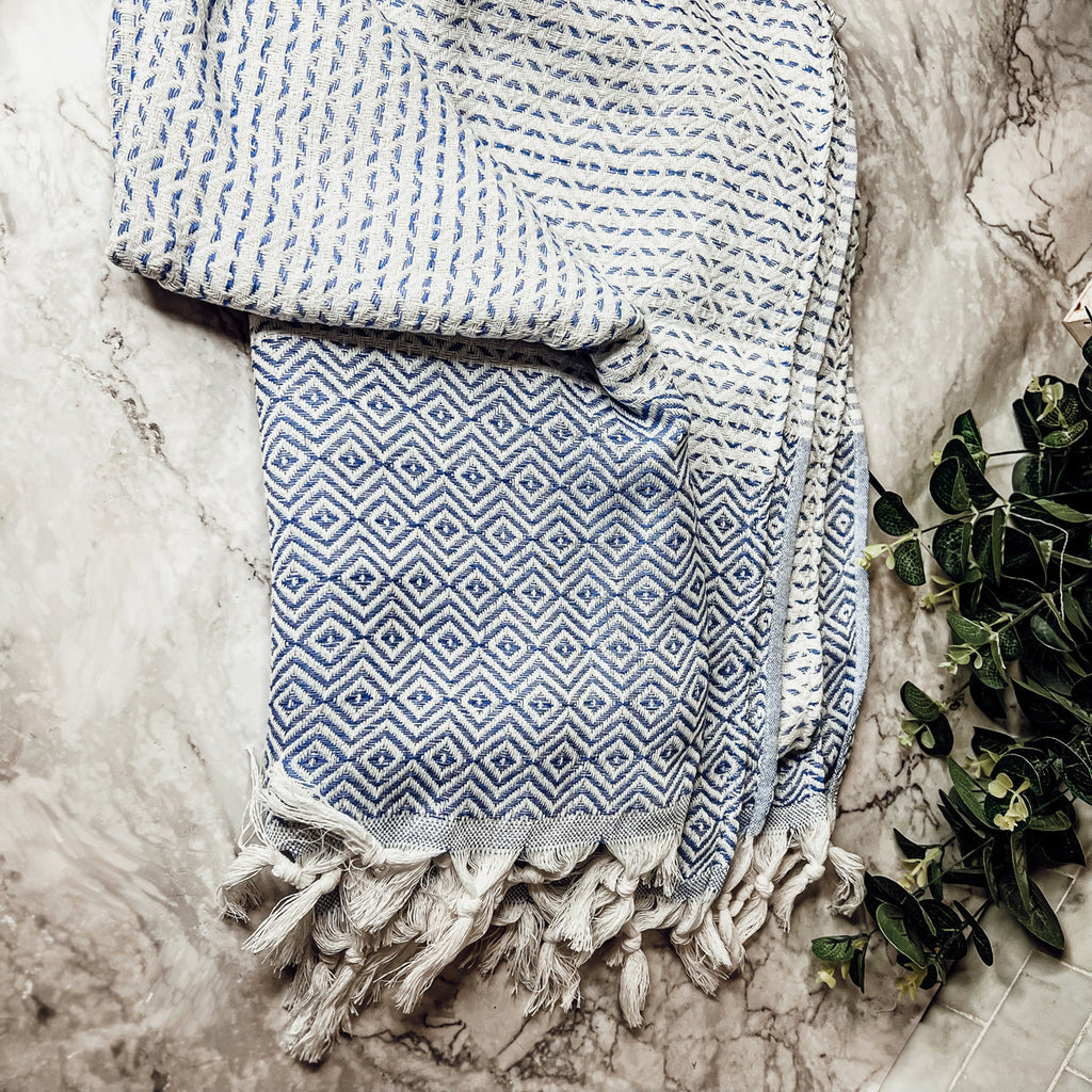 Azra Turkish Cotton Towel – Blue or Gray Woven Design (200 GSM, 40