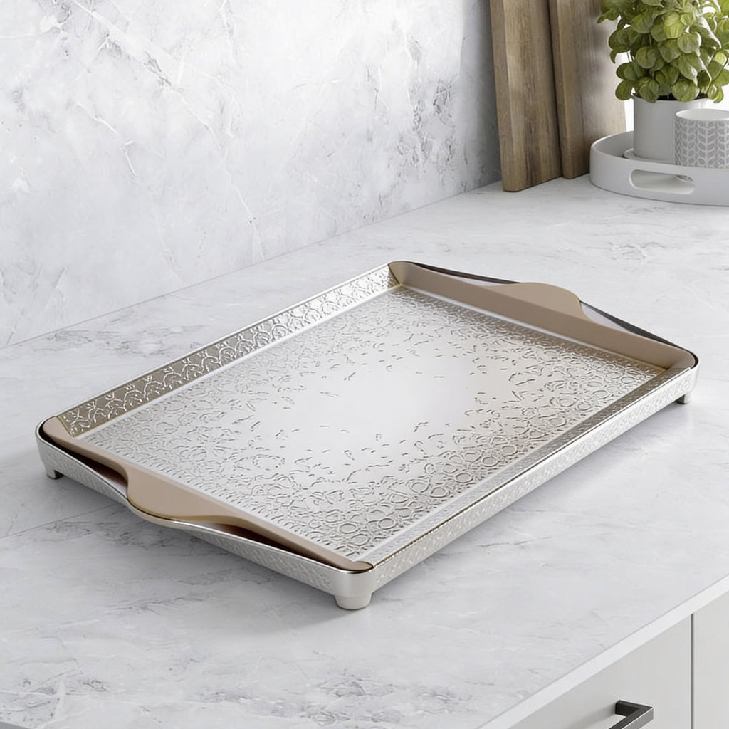 Nourhan- Serving Tray - Matt silver & beige