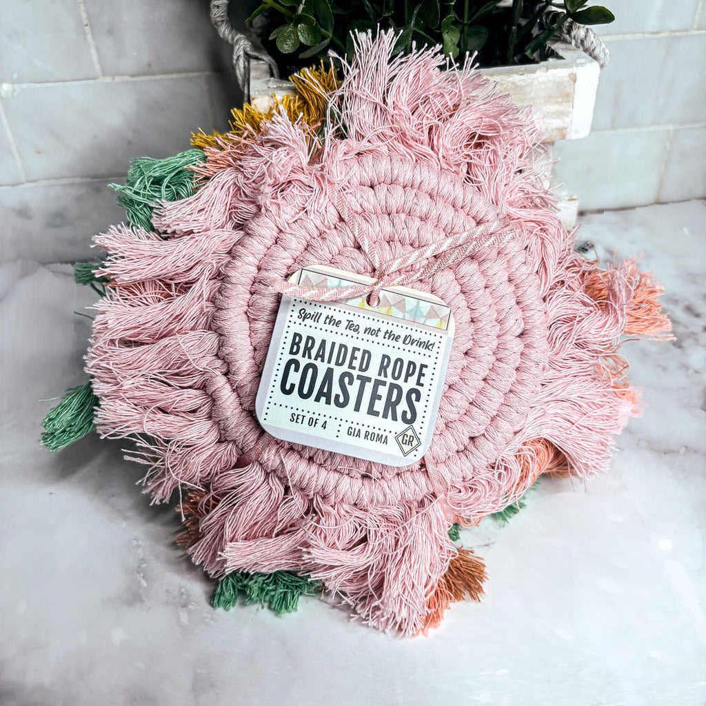 Braided Spiral Coasters with Tassels – Handcrafted Cotton Drink Coasters
