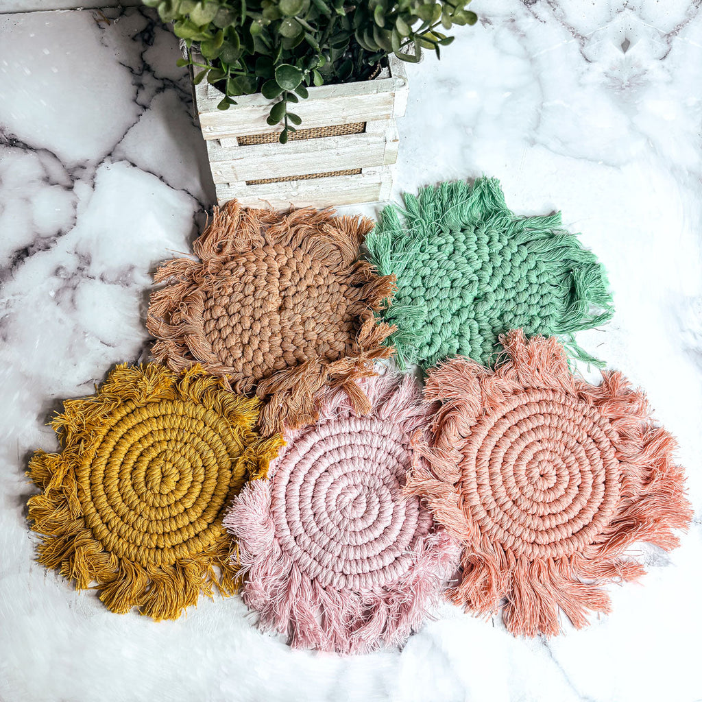 Braided Spiral Coasters with Tassels – Handcrafted Cotton Drink Coasters