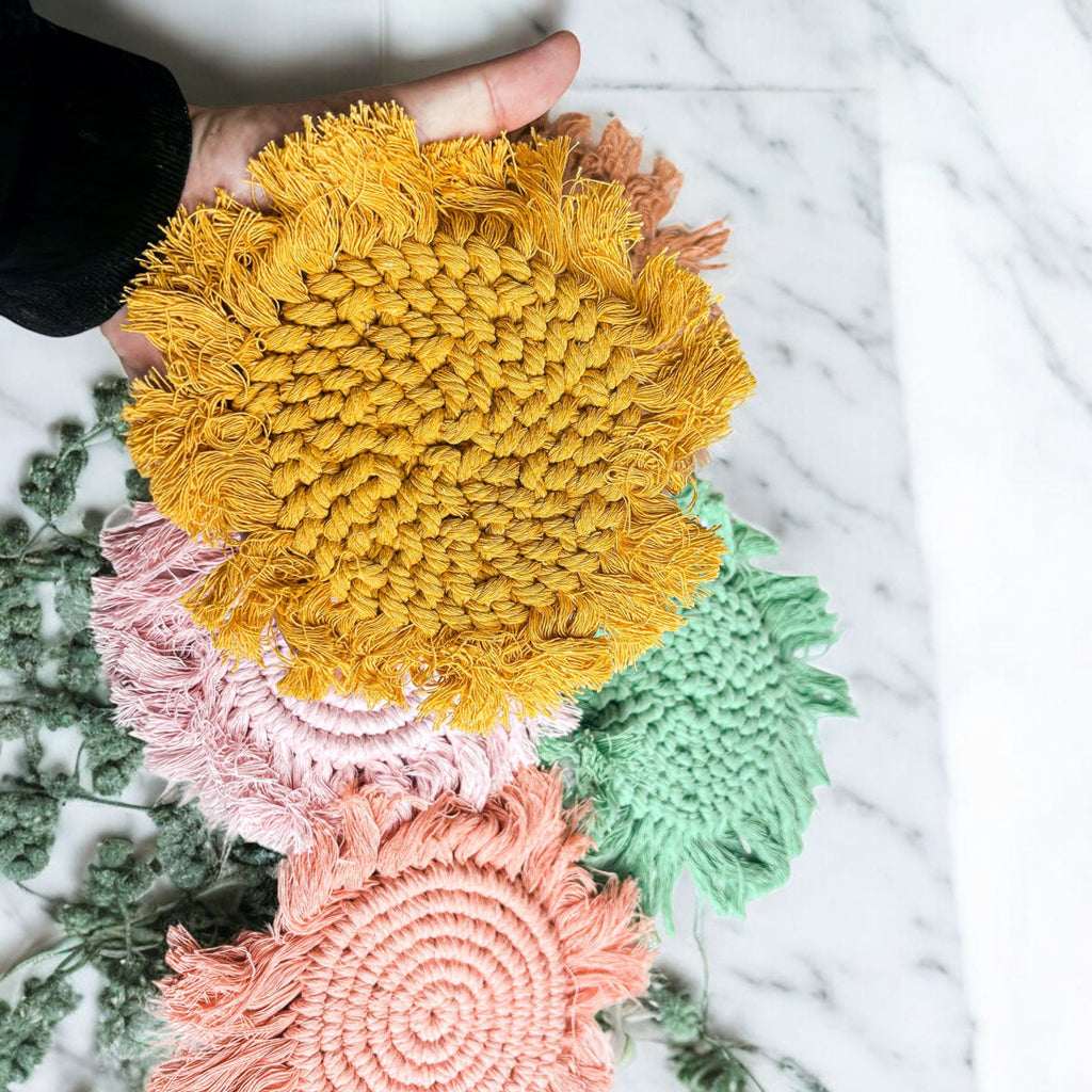 Braided Spiral Coasters with Tassels – Handcrafted Cotton Drink Coasters