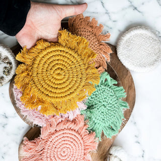 Braided Spiral Coasters with Tassels – Handcrafted Cotton Drink Coasters