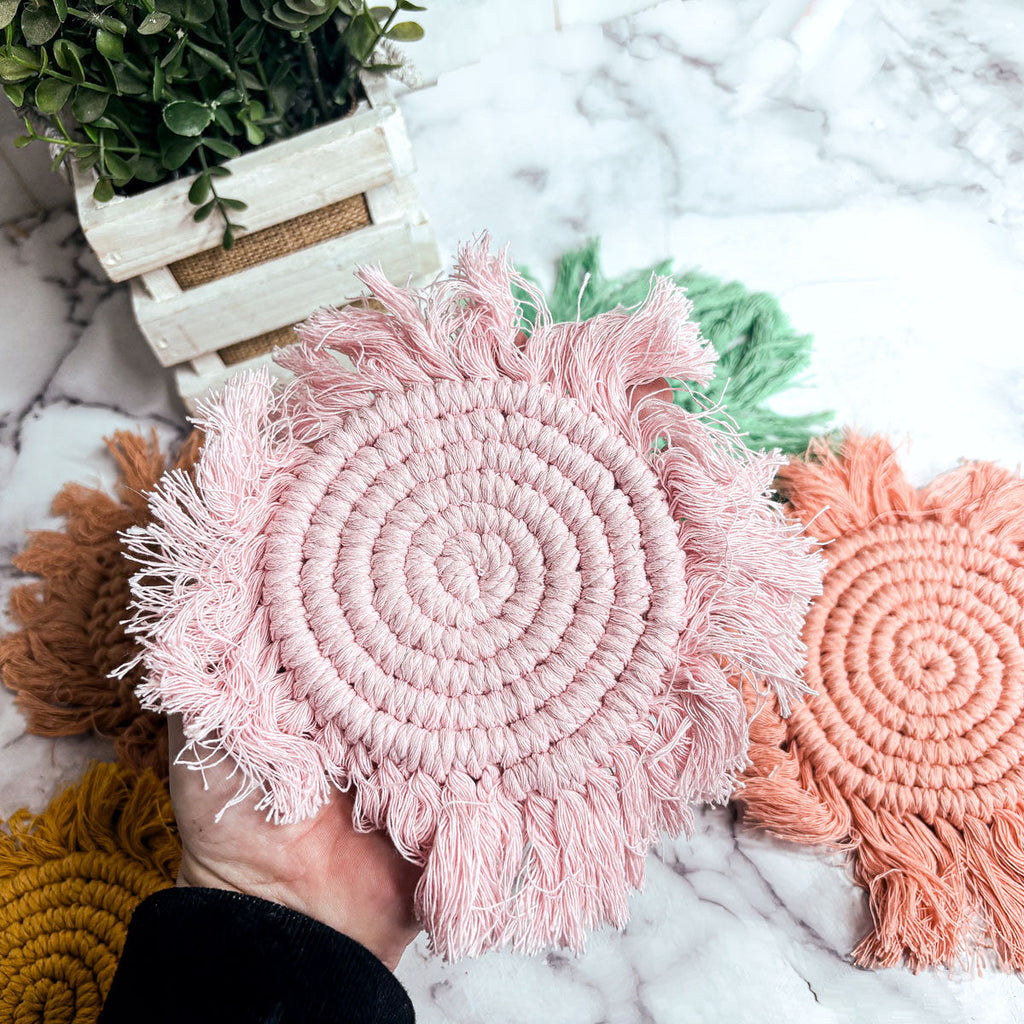 Braided Spiral Coasters with Tassels – Handcrafted Cotton Drink Coasters