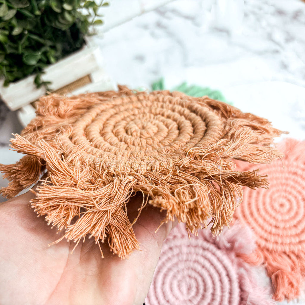 Braided Spiral Coasters with Tassels – Handcrafted Cotton Drink Coasters