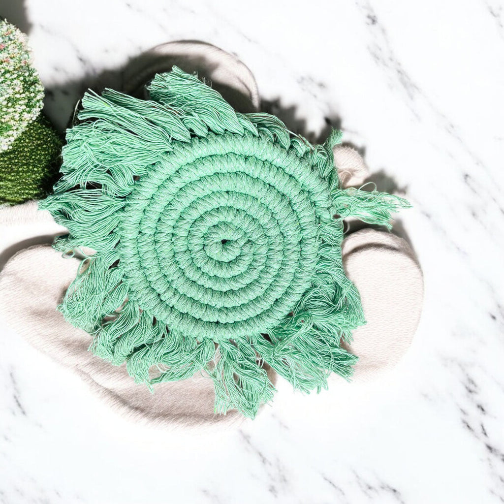 Braided Spiral Coasters with Tassels – Handcrafted Cotton Drink Coasters