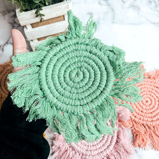 Braided Spiral Coasters with Tassels – Handcrafted Cotton Drink Coasters