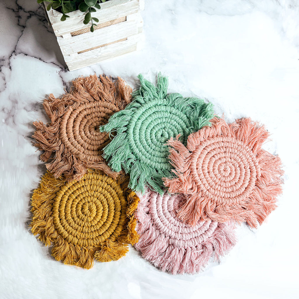 Braided Spiral Coasters with Tassels – Handcrafted Cotton Drink Coasters