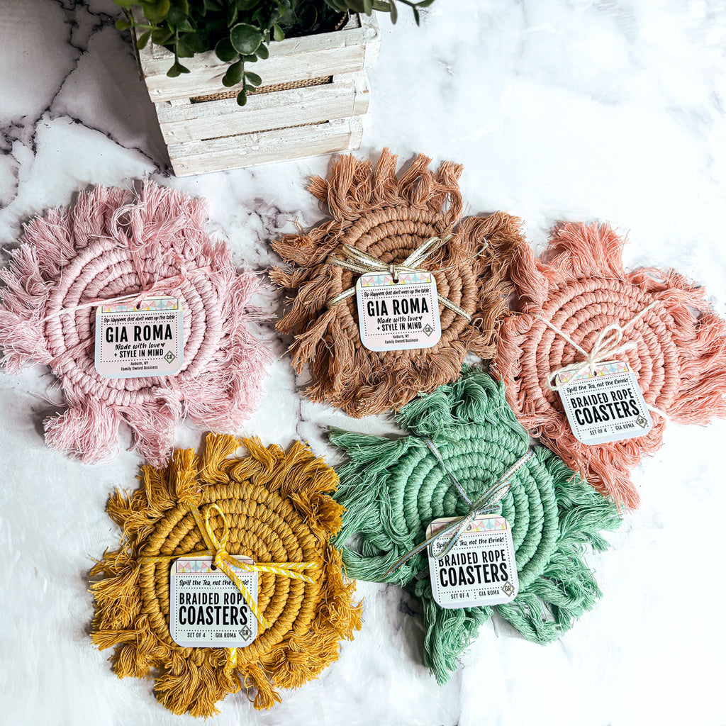 Braided Spiral Coasters with Tassels – Handcrafted Cotton Drink Coasters