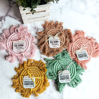 Braided Spiral Coasters with Tassels – Handcrafted Cotton Drink Coasters