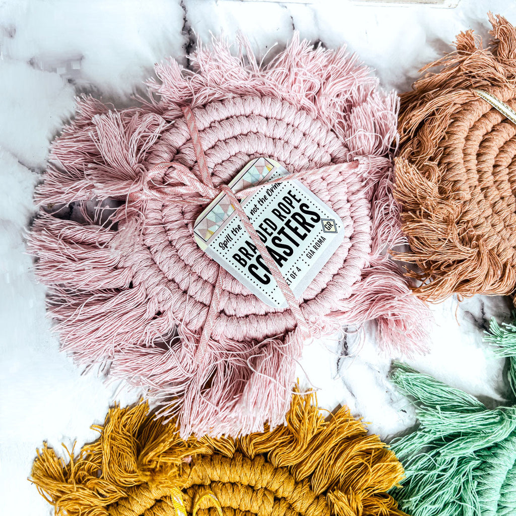 Braided Spiral Coasters with Tassels – Handcrafted Cotton Drink Coasters