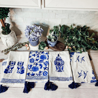 Chinoiserie Embroidered Dish Towels with Tassels – Blue & White Cotton Kitchen Towels