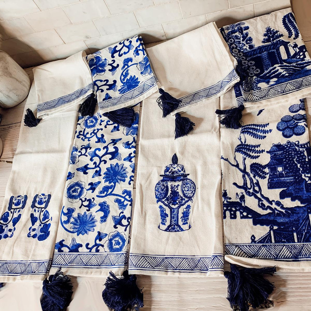 Chinoiserie Embroidered Dish Towels with Tassels – Blue & White Cotton Kitchen Towels