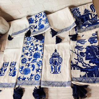 Chinoiserie Embroidered Dish Towels with Tassels – Blue & White Cotton Kitchen Towels