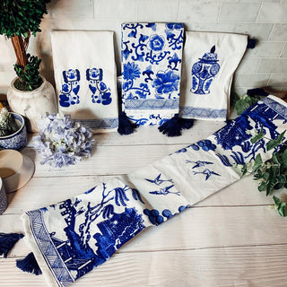 Chinoiserie Embroidered Dish Towels with Tassels – Blue & White Cotton Kitchen Towels