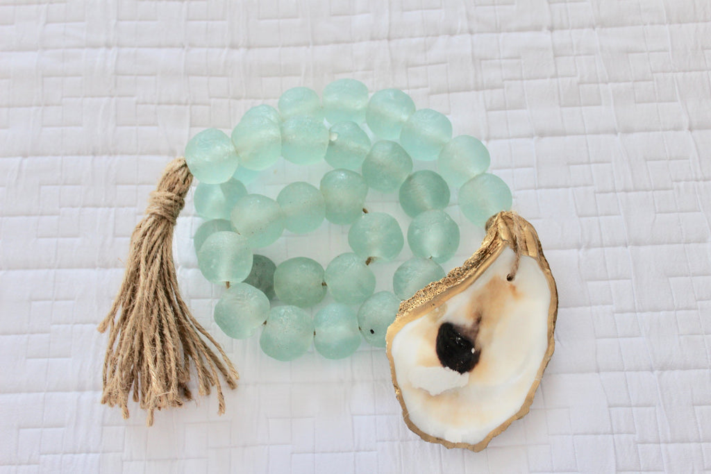 All Sea Glass Bead Garland with 18K Gold Gilded Oyster