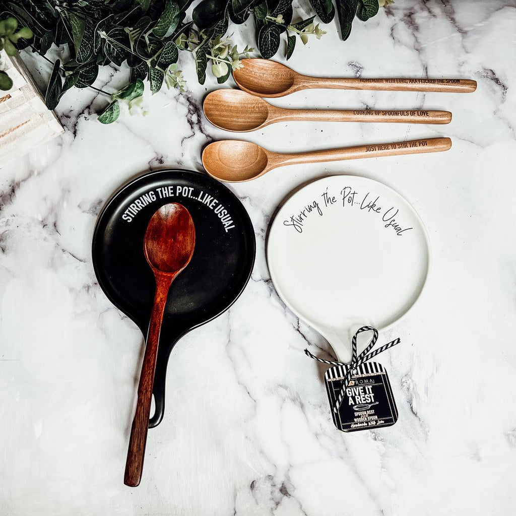 Give it a Rest Funny Spoon Rest & Wooden Spoon Set – Porcelain Kitchen Spoon Holder Gift