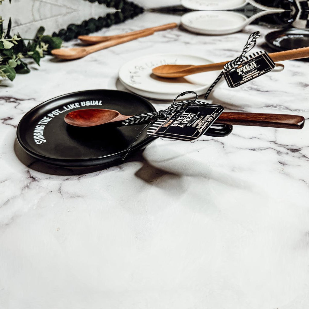 Give it a Rest Funny Spoon Rest & Wooden Spoon Set – Porcelain Kitchen Spoon Holder Gift