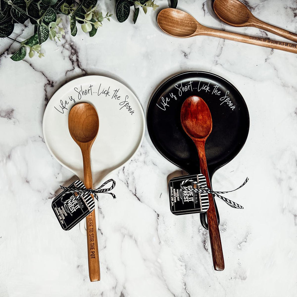 Give it a Rest Funny Spoon Rest & Wooden Spoon Set – Porcelain Kitchen Spoon Holder Gift