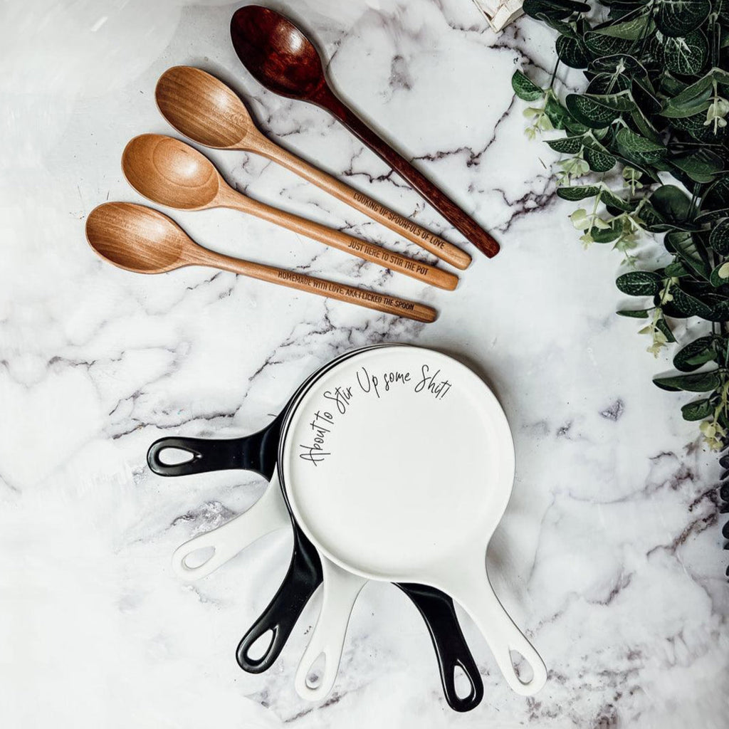 Give it a Rest Funny Spoon Rest & Wooden Spoon Set – Porcelain Kitchen Spoon Holder Gift