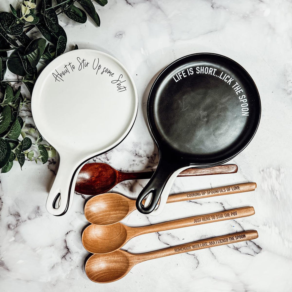 Give it a Rest Funny Spoon Rest & Wooden Spoon Set – Porcelain Kitchen Spoon Holder Gift