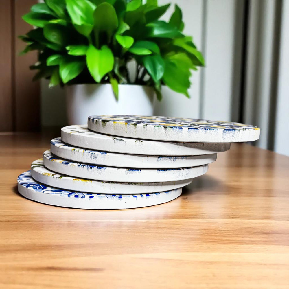 Mediterranean Lemon Ceramic Coasters – Blue Tile & Citrus Designs (4