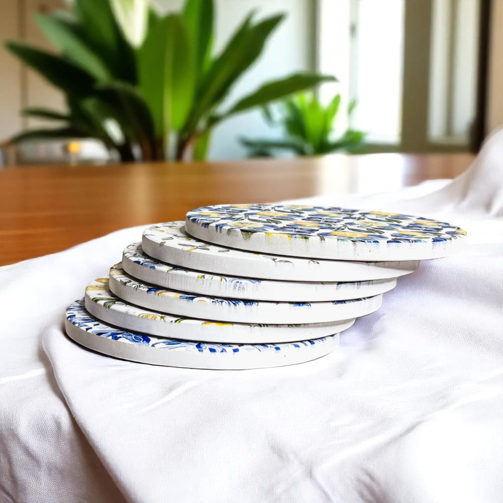 Mediterranean Lemon Ceramic Coasters – Blue Tile & Citrus Designs (4