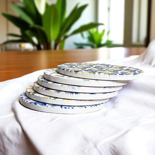 Mediterranean Lemon Ceramic Coasters – Blue Tile & Citrus Designs (4