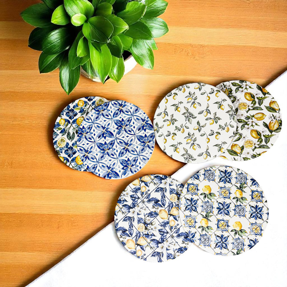 Mediterranean Lemon Ceramic Coasters – Blue Tile & Citrus Designs (4