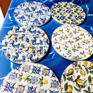 Mediterranean Lemon Ceramic Coasters – Blue Tile & Citrus Designs (4