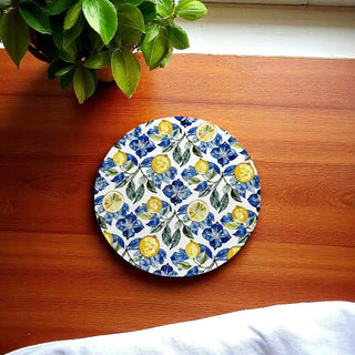 Mediterranean Lemon Ceramic Coasters – Blue Tile & Citrus Designs (4