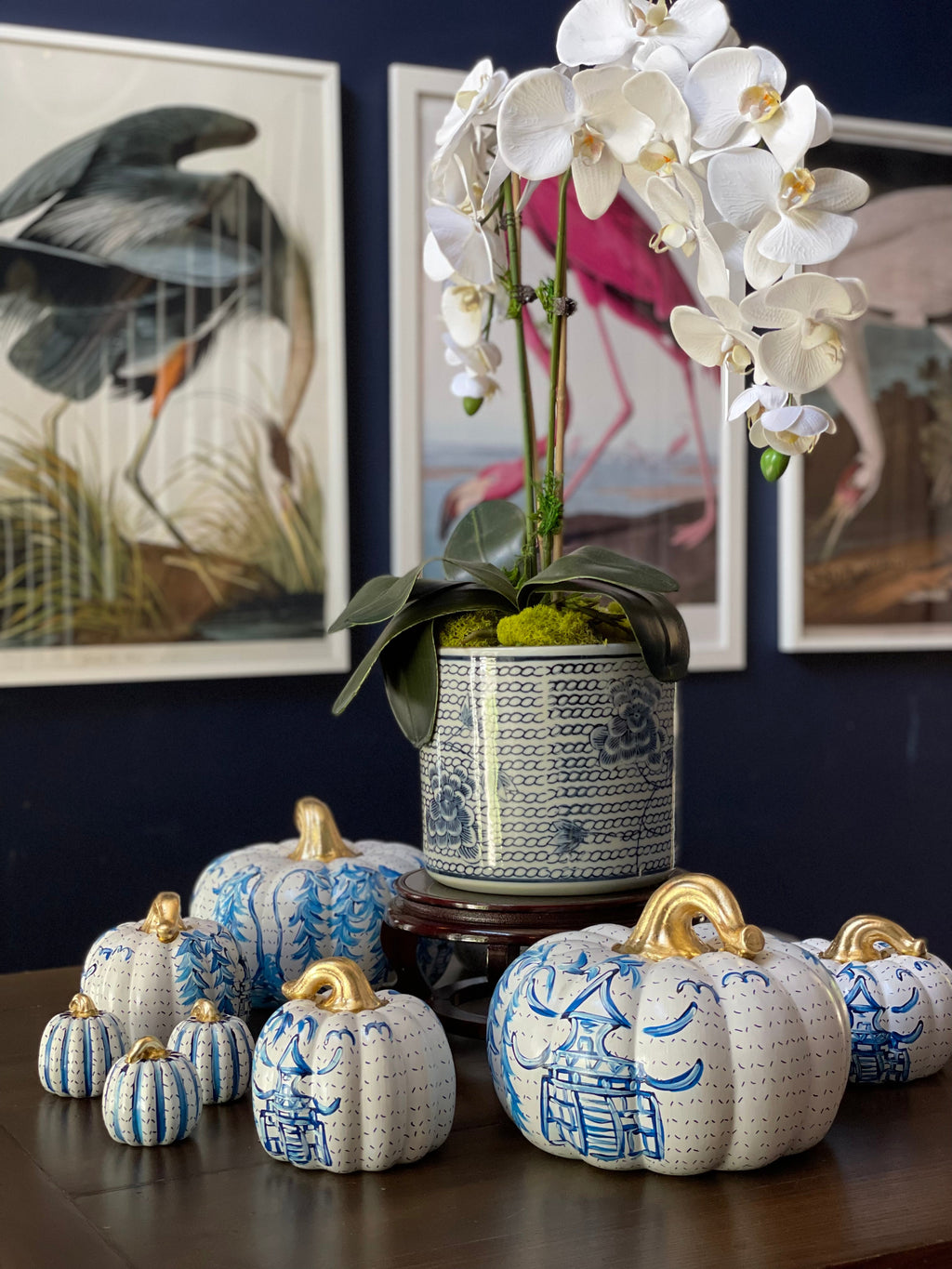 Hand-Painted Chinoiserie Ceramic Pumpkins – Three Sizes or Set