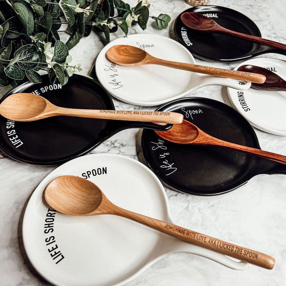 Funny Baking Spoon Rest with Wooden Spoon – Porcelain Kitchen Spoon Holder