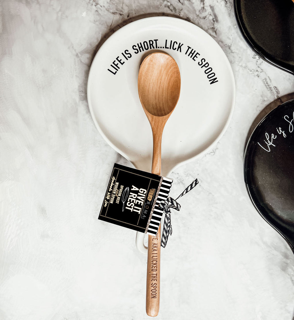 Funny Baking Spoon Rest with Wooden Spoon – Porcelain Kitchen Spoon Holder