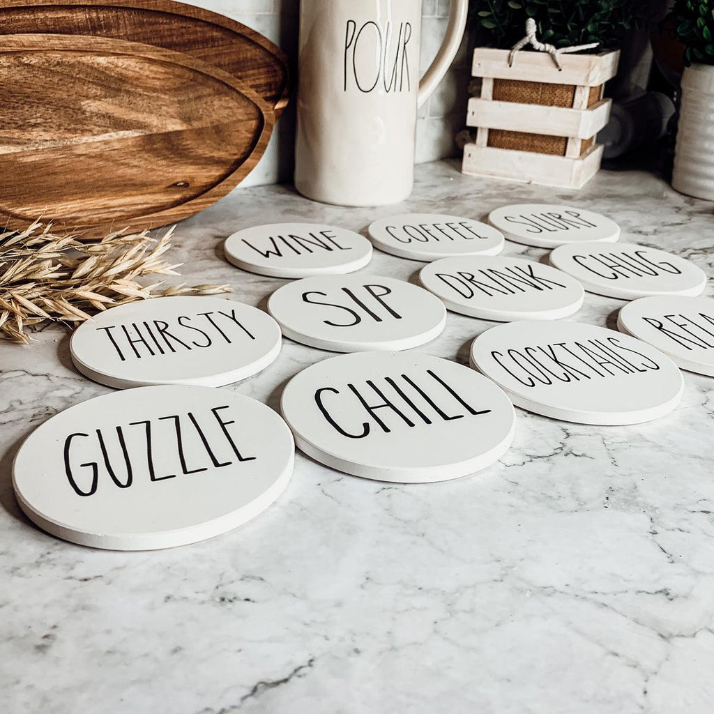 One Word Ceramic Coasters – Minimalist Bar & Coffee Table Collection (4