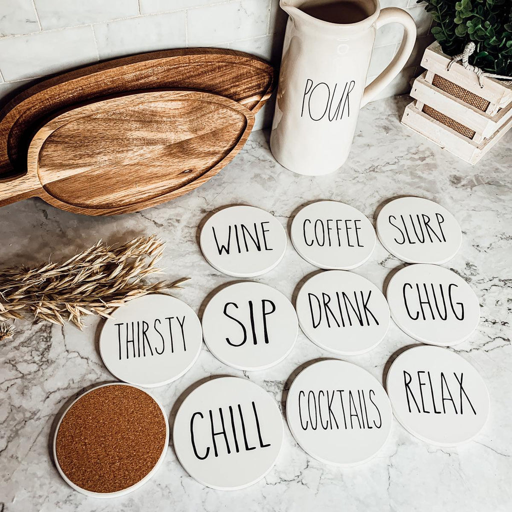 One Word Ceramic Coasters – Minimalist Bar & Coffee Table Collection (4
