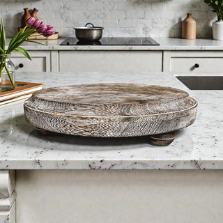 Round Wooden Pedestal Tray – Rustic or Natural Paulownia Wood Display Stand
