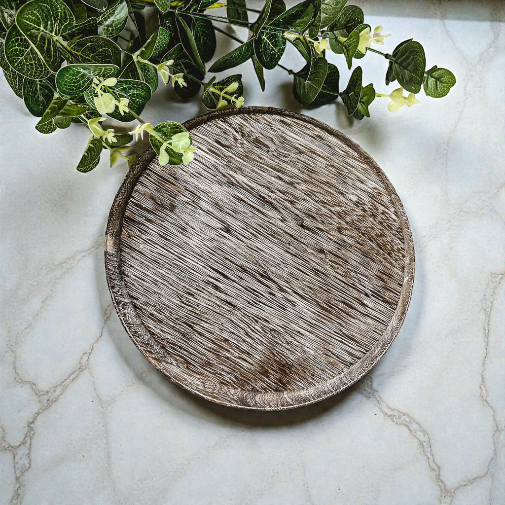 Round Wooden Pedestal Tray – Rustic or Natural Paulownia Wood Display Stand