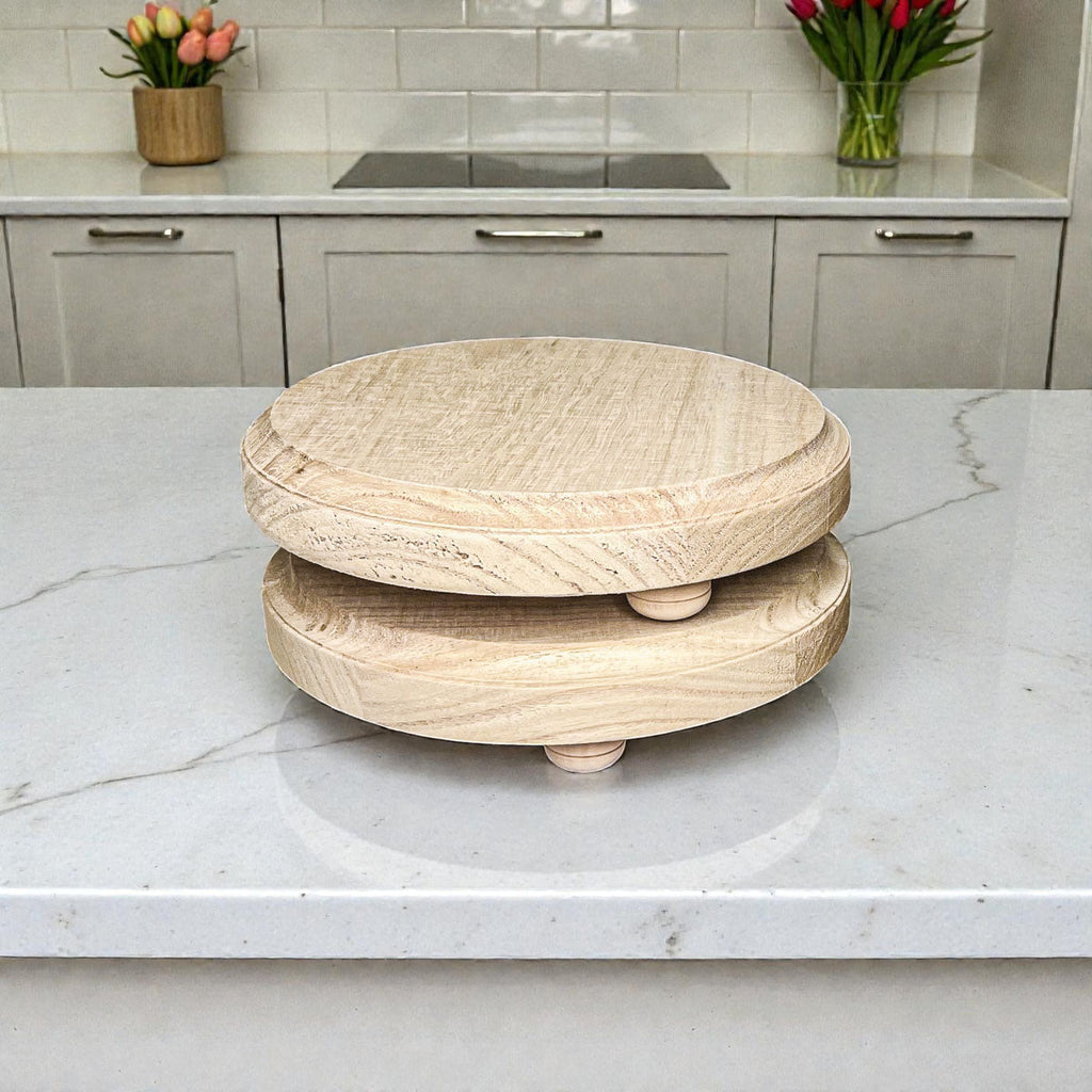 Round Wooden Pedestal Tray – Rustic or Natural Paulownia Wood Display Stand