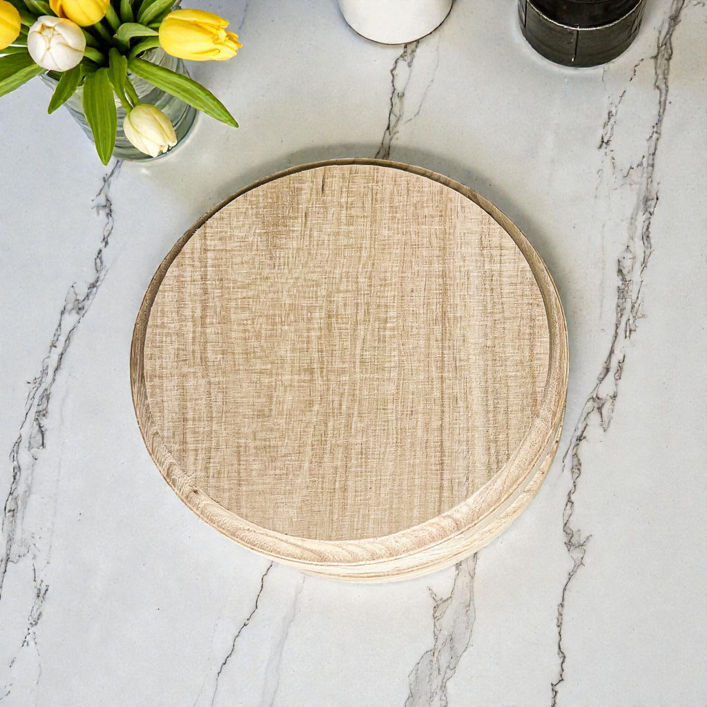 Round Wooden Pedestal Tray – Rustic or Natural Paulownia Wood Display Stand
