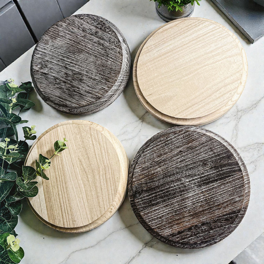 Round Wooden Pedestal Tray – Rustic or Natural Paulownia Wood Display Stand