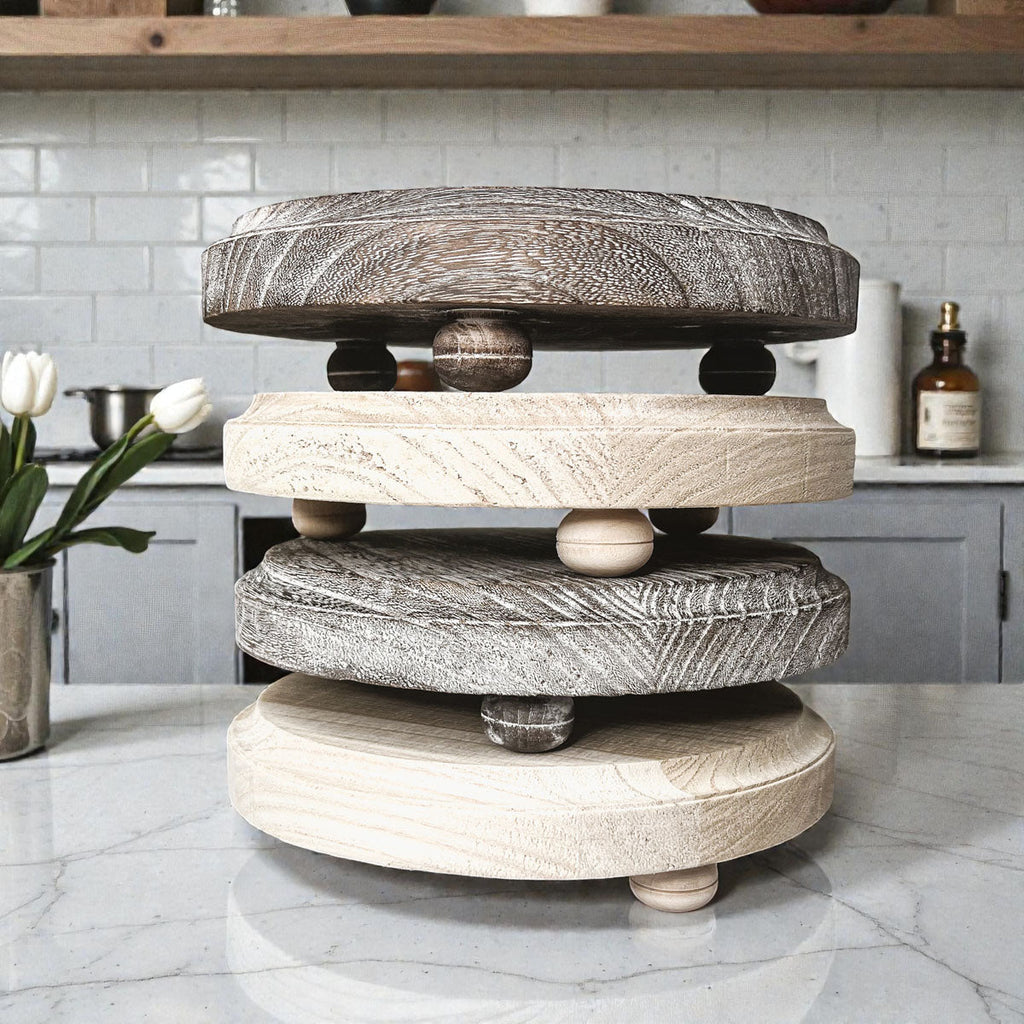 Round Wooden Pedestal Tray – Rustic or Natural Paulownia Wood Display Stand
