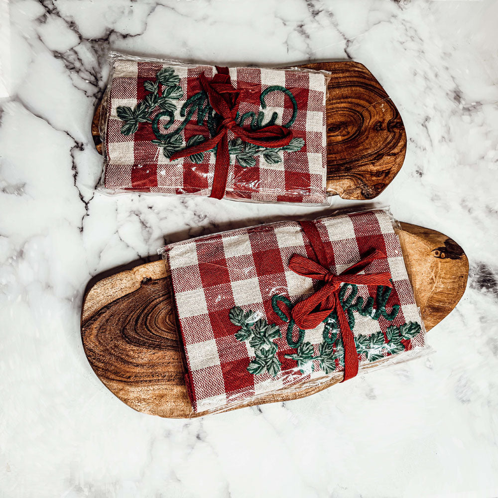 Holiday Charcuterie Board & Tartan Kitchen Towel Set – Merry or Joyful