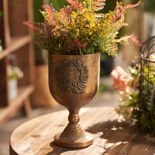 Vintage Antique Gold Pedestal Planter with Embossed Botanical Design