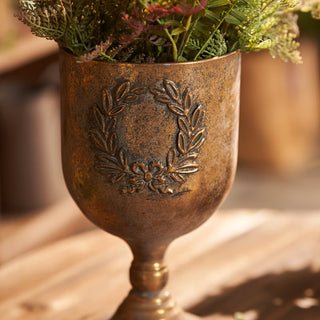 Vintage Antique Gold Pedestal Planter with Embossed Botanical Design
