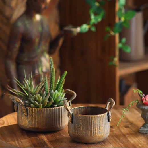 Set of 2 Vintage Ribbed Metal Planters with Rustic Handles