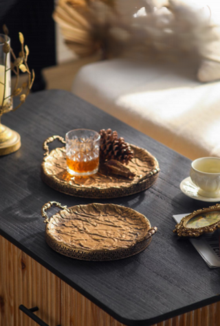 Antique Gold Textured Metal Serving Trays, Set of 2