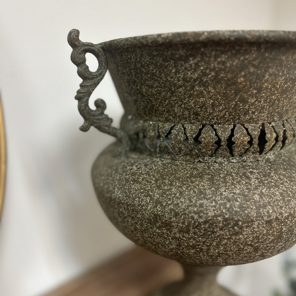 Vintage Iron Urn Planter with Pedestal & Curved Handles