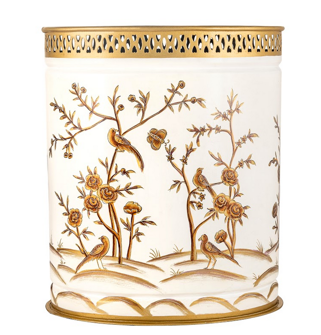 Ivory & Gold Oval Pierced Wastepaper Basket & Tissue | Elegant Bath Décor